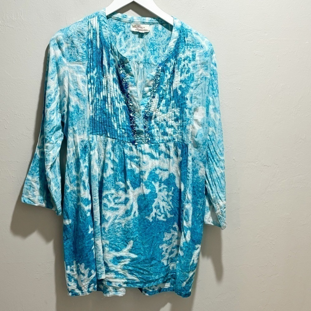 ANTICA SARTORIAL Women's Blue White Beachy Beaded Embellished Tunic Top Size S/M